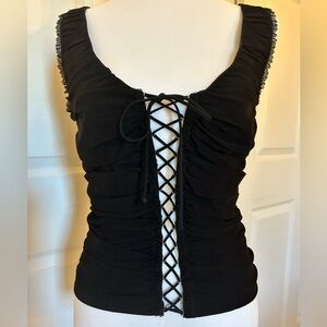 Cache Black tulle ruched lace up top. Fun!